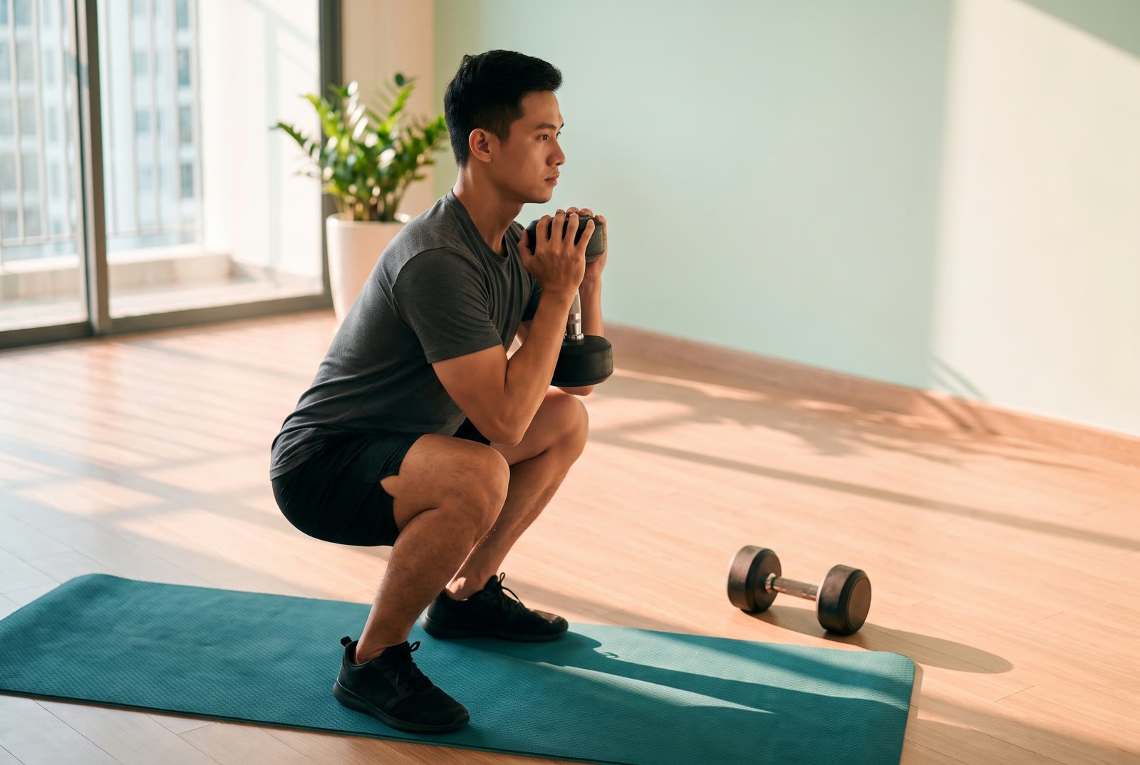 Người mẫu nam tập squat cầm tạ tay trước ngực trên thảm