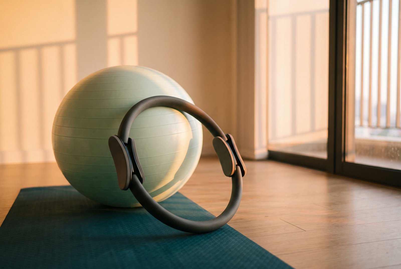 Vòng Pilates đặt trên thảm tập