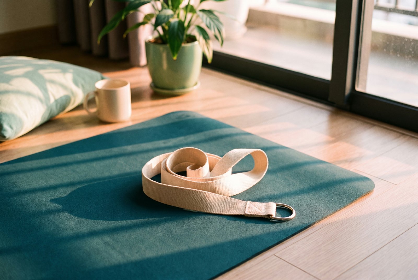 Dây Yoga cotton đặt trên thảm tập trong nắng sớm